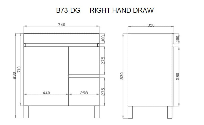 POSEIDON BERGE DARK GREY 750MM LEFT HAND DRAWER AND RIGHT HAND DRAWER SPACE SAVING FLOOR STANDING VANITY