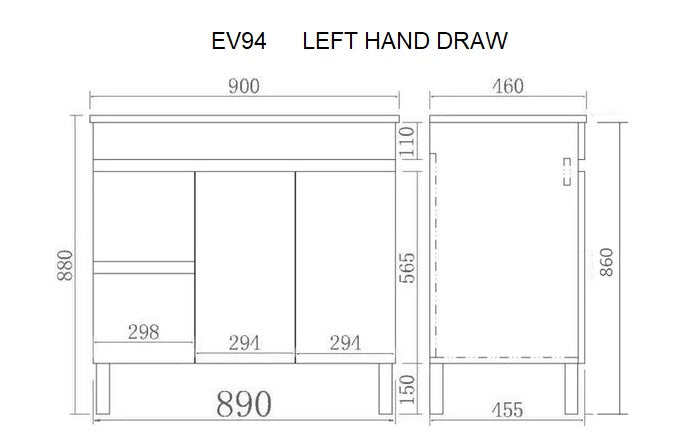 POSEIDON EVIE OAK 900MM SINGLE BOWL FLOOR STANDING VANITY (AVAILABLE IN LEFT HAND DRAWER AND RIGHT HAND DRAWER)