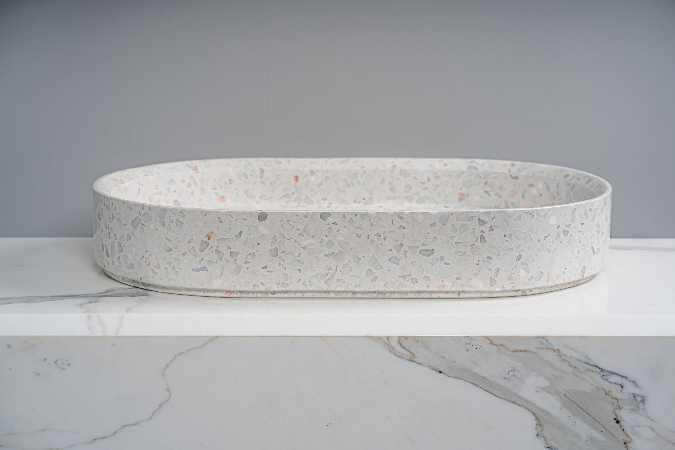 GALLARIA DIAL OUT MERRAZZO OVAL ABOVE COUNTER STONE BASIN SNEAKY PEACH 600MM