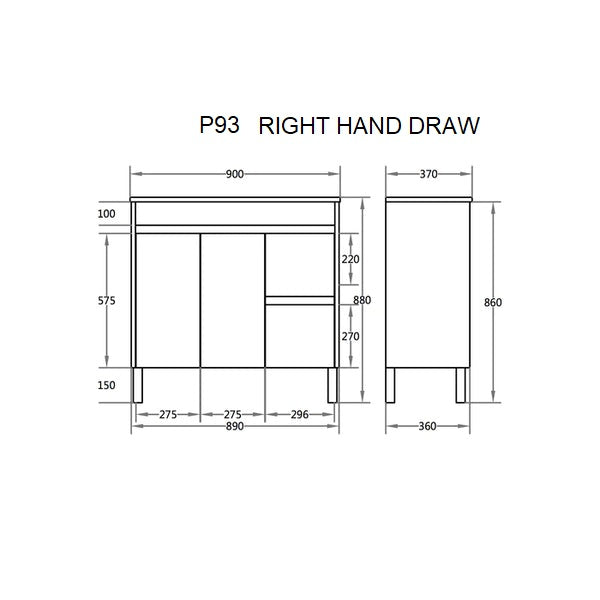 POSEIDON P93G SPACE SAVING FLOOR STANDING VANITY WHITE 900MM