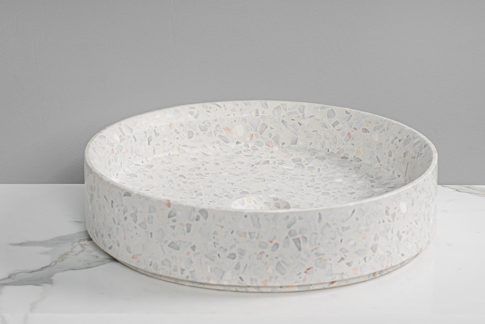 GALLARIA DIAL UP MERRAZZO ROUND ABOVE COUNTER STONE BASIN SNEAKY PEACH 400MM