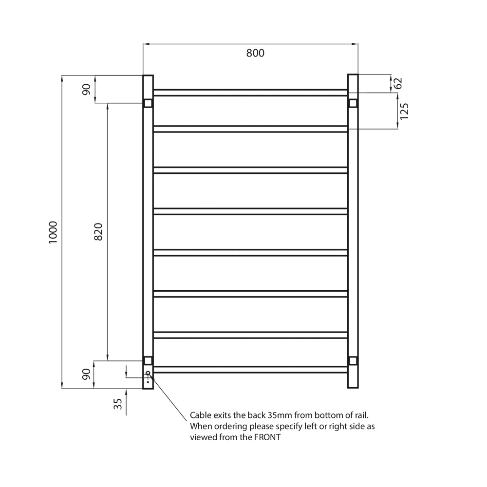 RADIANT HEATING 8-BARS SQUARE HEATED TOWEL RAIL MATTE BLACK 120WATTS 800MM