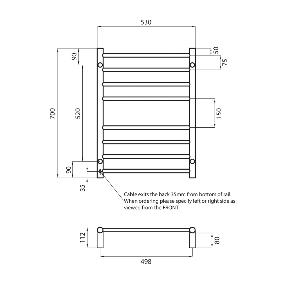 RADIANT HEATING 8-BARS ROUND HEATED TOWEL RAIL BRUSHED SATIN 65WATTS 530MM