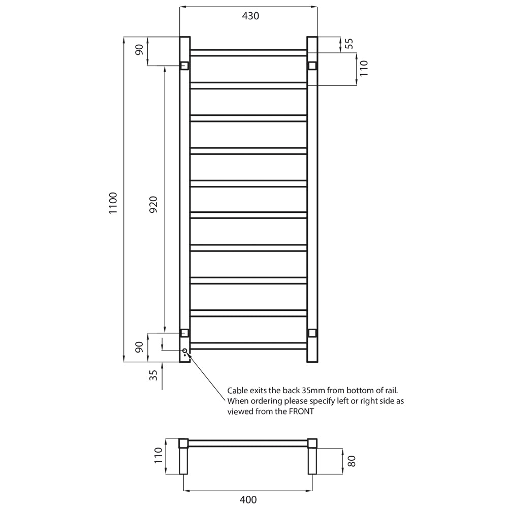 RADIANT HEATING 10-BARS SQUARE HEATED TOWEL RAIL CHROME 80WATTS 430MM