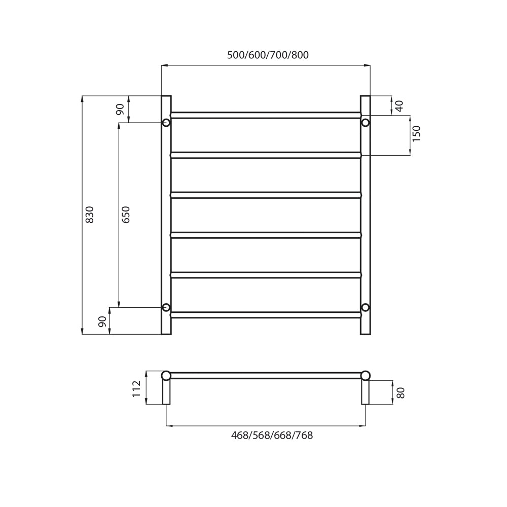 RADIANT HEATING 6-BARS ROUND NON-HEATED TOWEL RAIL CHROME 800MM