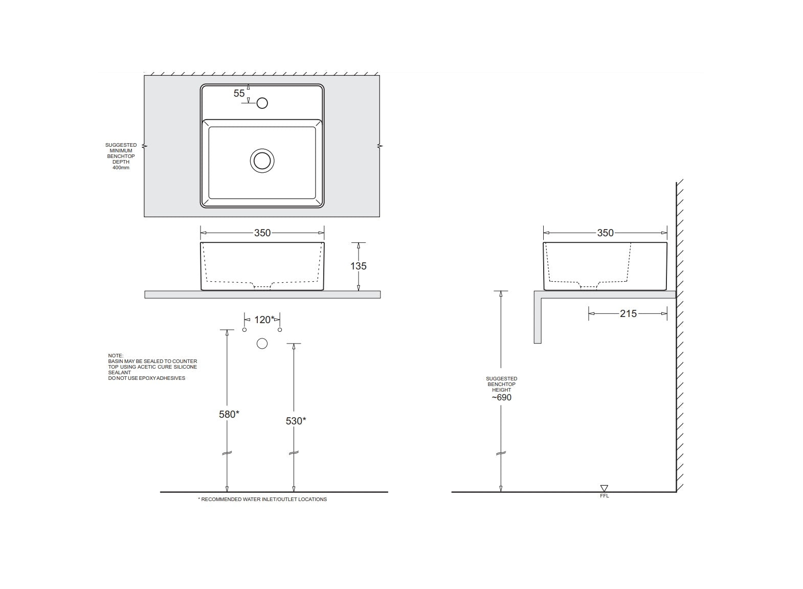 JOHNSON SUISSE VENEZIA SQUARE 1TH COUNTER TOP BASINS WHITE 350MM