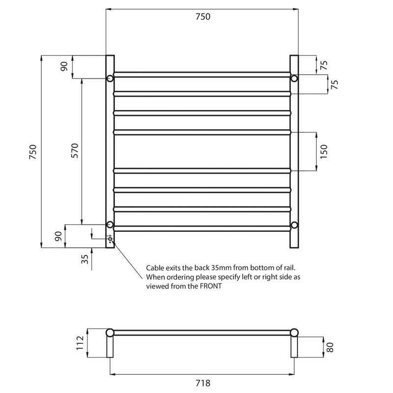 RADIANT HEATING 8-BARS ROUND HEATED TOWEL RAIL BRUSHED SATIN 125WATTS 750MM