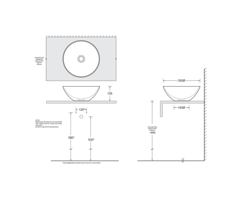 JOHNSON SUISSE VENEZIA ROUND BOWL COUNTER TOP BASINS ASH 350MM