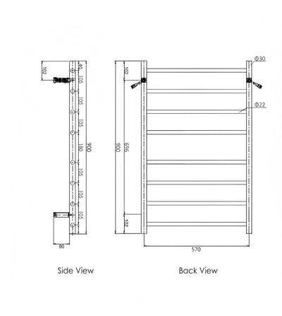 INSPIRE HEATED TOWEL RAIL 8 BAR ROUND CHROME 912MM