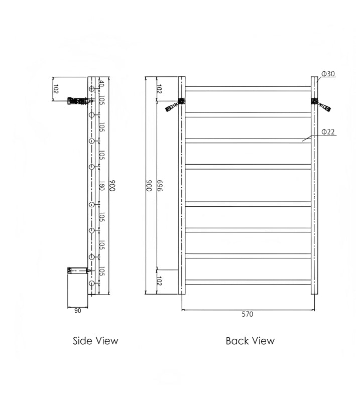 INSPIRE HEATED TOWEL RAIL 8 BAR ROUND CHROME 912MM