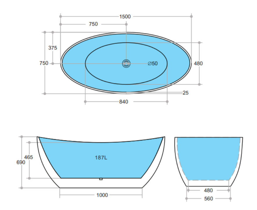 POSEIDON EVIE FREE STANDING BATHTUB GLOSS BLACK (AVAILABLE IN 1500MM AND 1660MM)