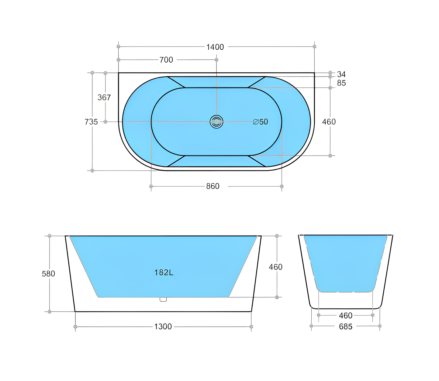 POSEIDON ELIVIA BACK TO WALL BATH MATTE WHITE (AVAILABLE IN 1400MM, 1500MM AND 1700MM)