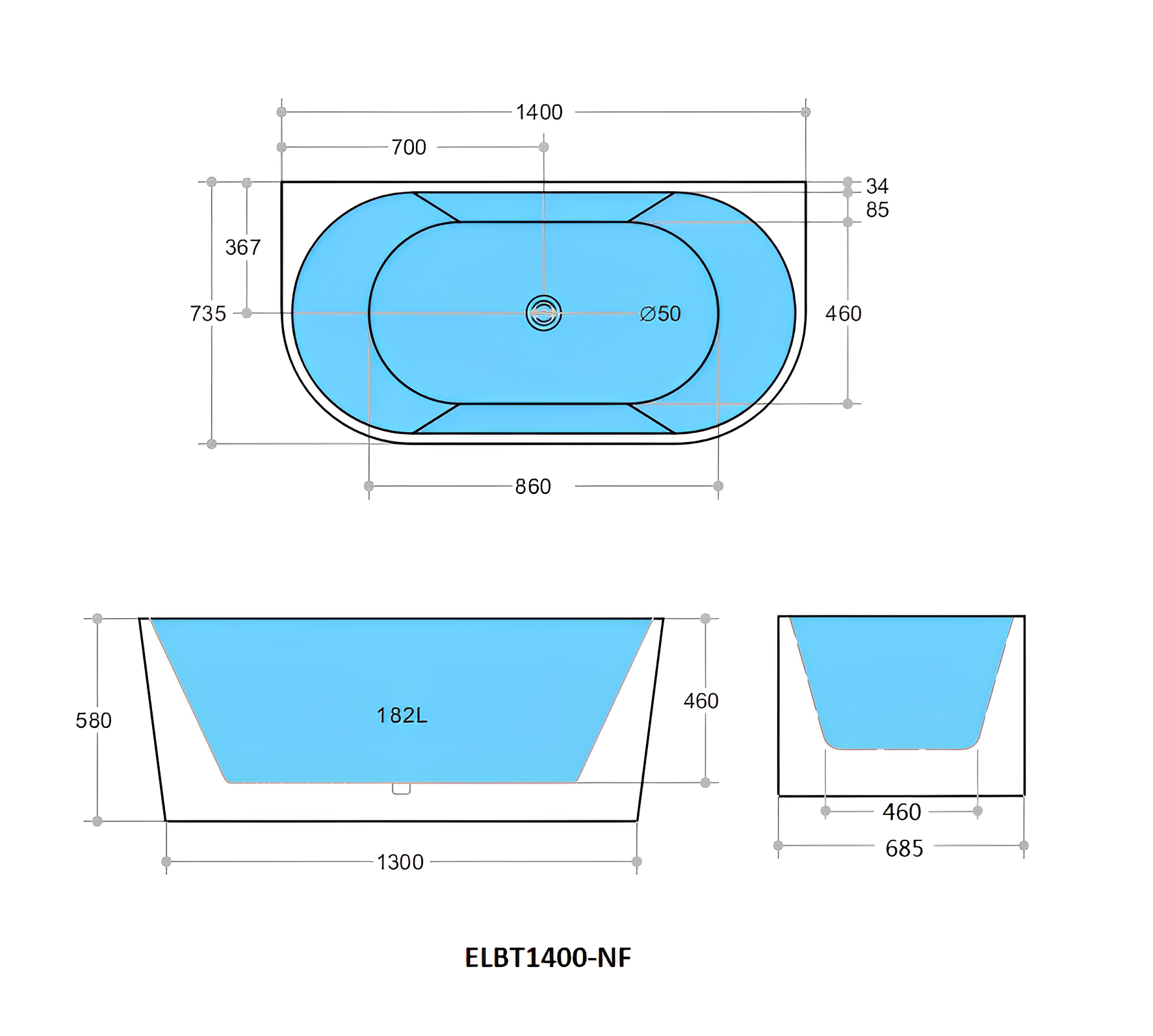 POSEIDON ELIVIA BACK TO WALL NF BATH GLOSS WHITE (AVAILABLE IN 1400MM, 1500MM AND 1700MM)