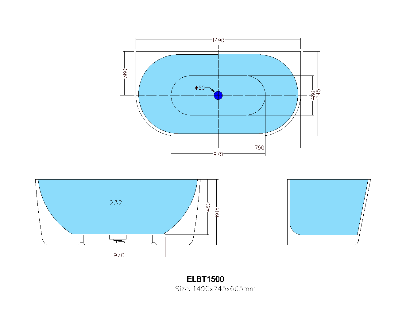 POSEIDON ELIVIA BACK TO WALL BATHTUB GLOSS WHITE (AVAILABLE IN 1490MM AND 1690MM)