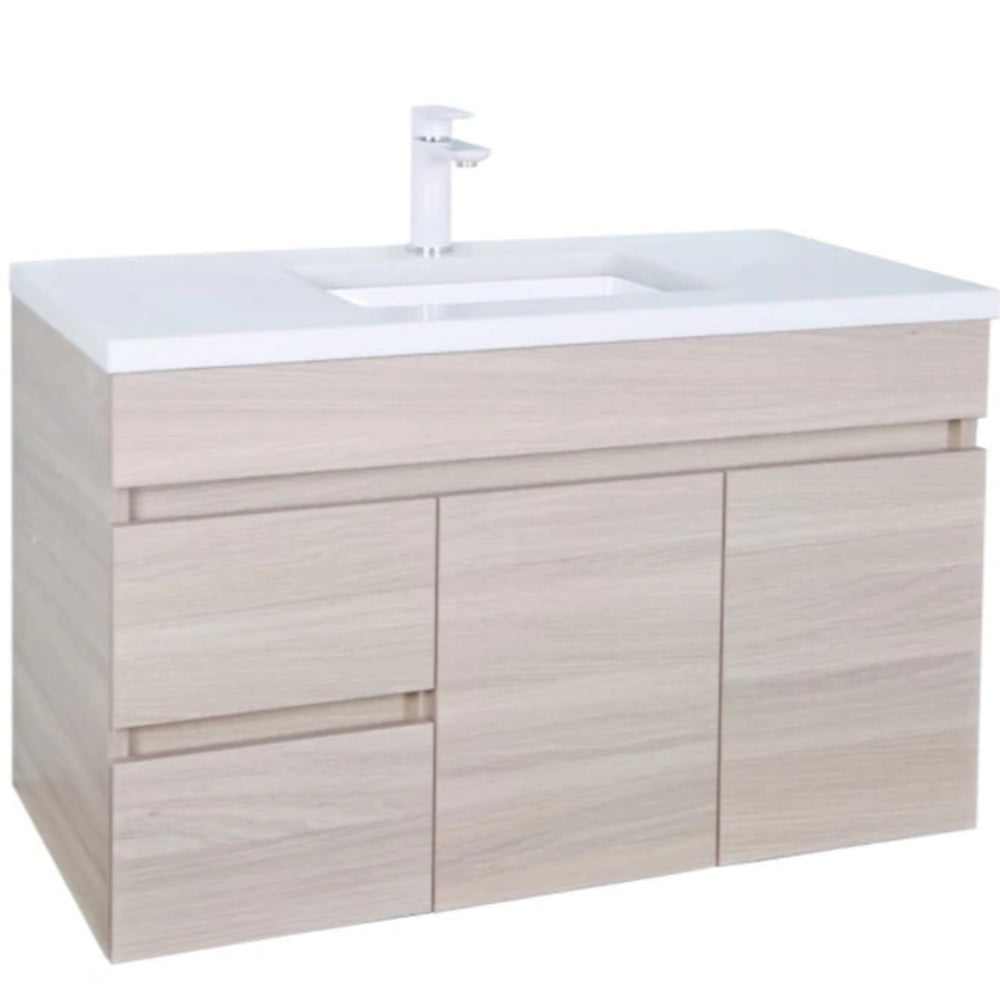 POSEIDON EVIE OAK 900MM SINGLE BOWL WALL HUNG VANITY (AVAILABLE IN LEFT AND RIGHT HAND DRAWER)