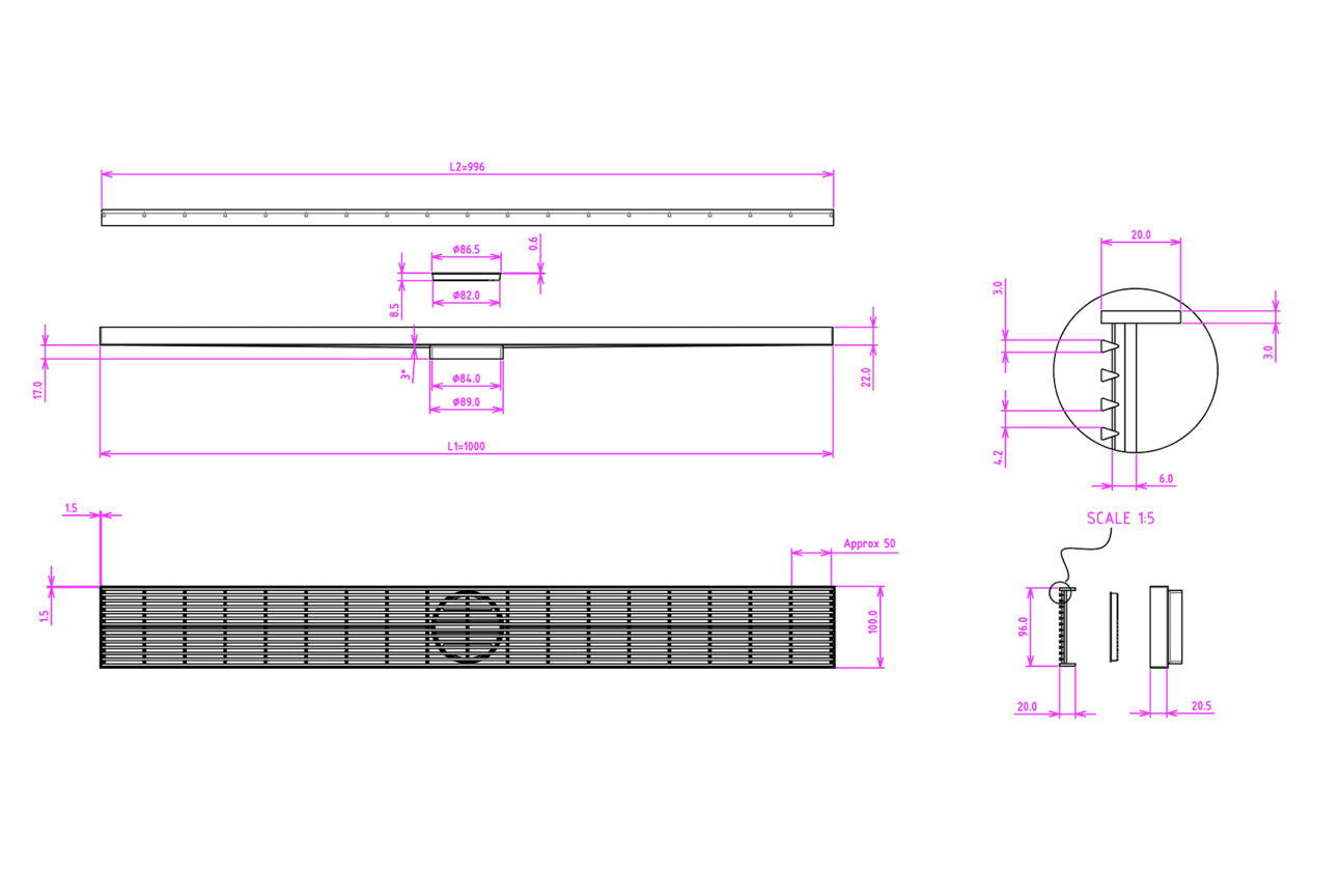 LINSOL EZYFLOW HEELGUARD CHANNEL GRATE BRUSHED STAINLESS 1000 LINEAR