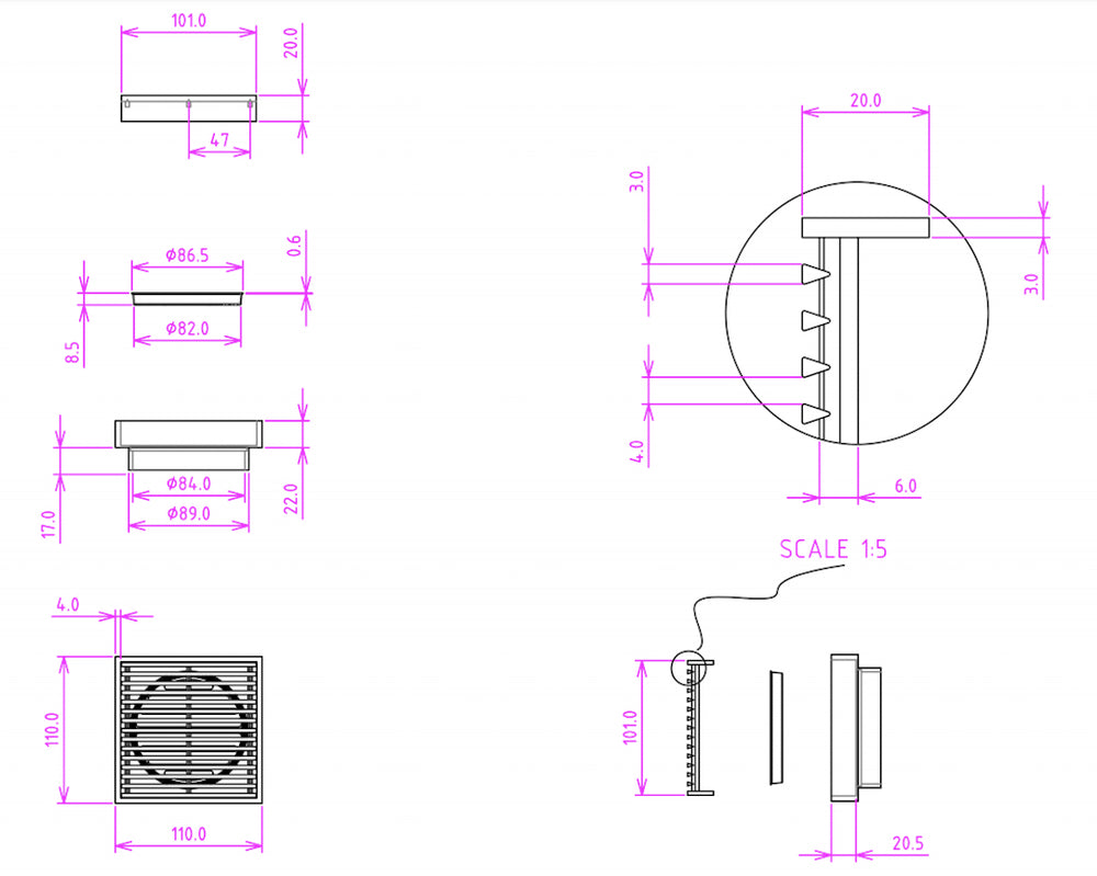 LINSOL EZYFLOW HEELGUARD GRATE BRUSHED STAINLESS 110MM
