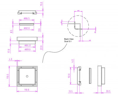 LINSOL EZYFLOW SQUARE TILE INSERT GRATE BRUSHED STAINLESS 110MM