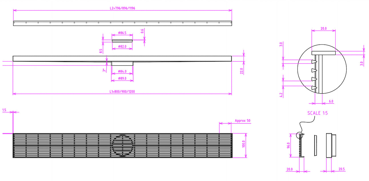 LINSOL EZYFLOW HEELGUARD CHANNEL GRATE BRUSHED STAINLESS 1200MM