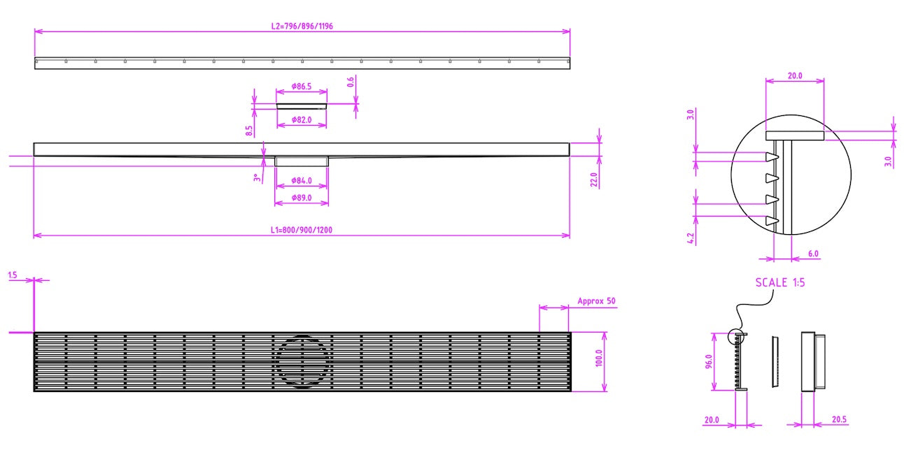 LINSOL EZYFLOW LINEAR HEELGUARD CHANNEL GRATE BRUSHED BRASS 800MM