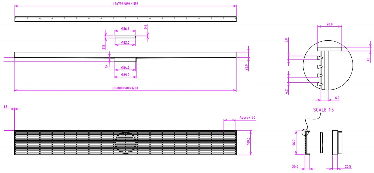 LINSOL EZYFLOW 900 LINEAR HEELGUARD CHANNEL GRATE BRUSHED BRASS