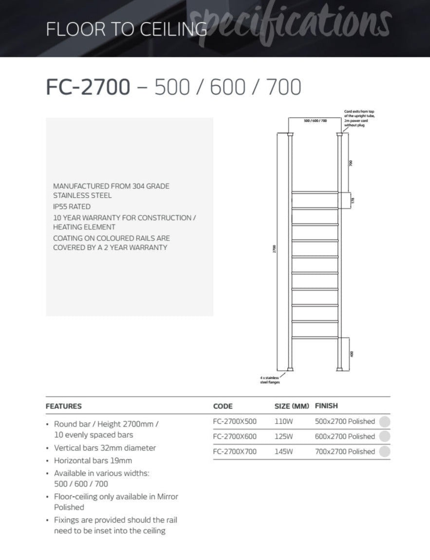 RADIANT HEATING 10-BARS ROUND HEATED FLOOR TO CEILING TOWEL RAIL CHROME 500MM, 600MM AND 700MM