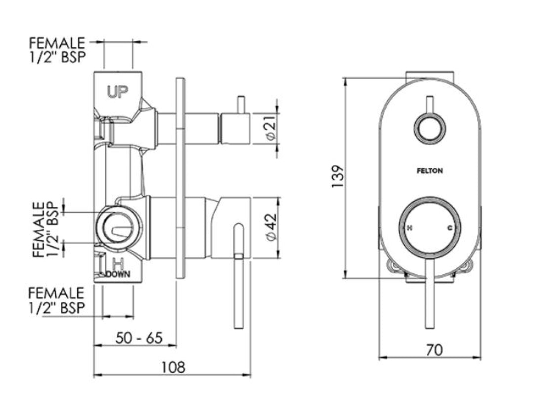 FELTON TATE DIVERTER MIXER 139MM GUN METAL