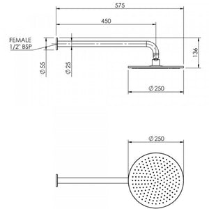 FELTON TATE RAIN HEAD WALL MOUNTED 250MM BRUSHED NICKEL