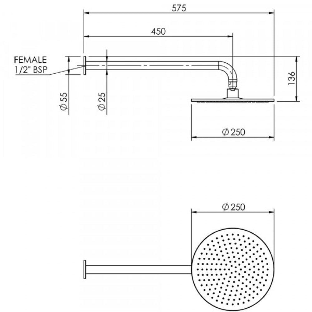 FELTON TATE RAIN HEAD WALL MOUNTED 250MM MATTE BLACK