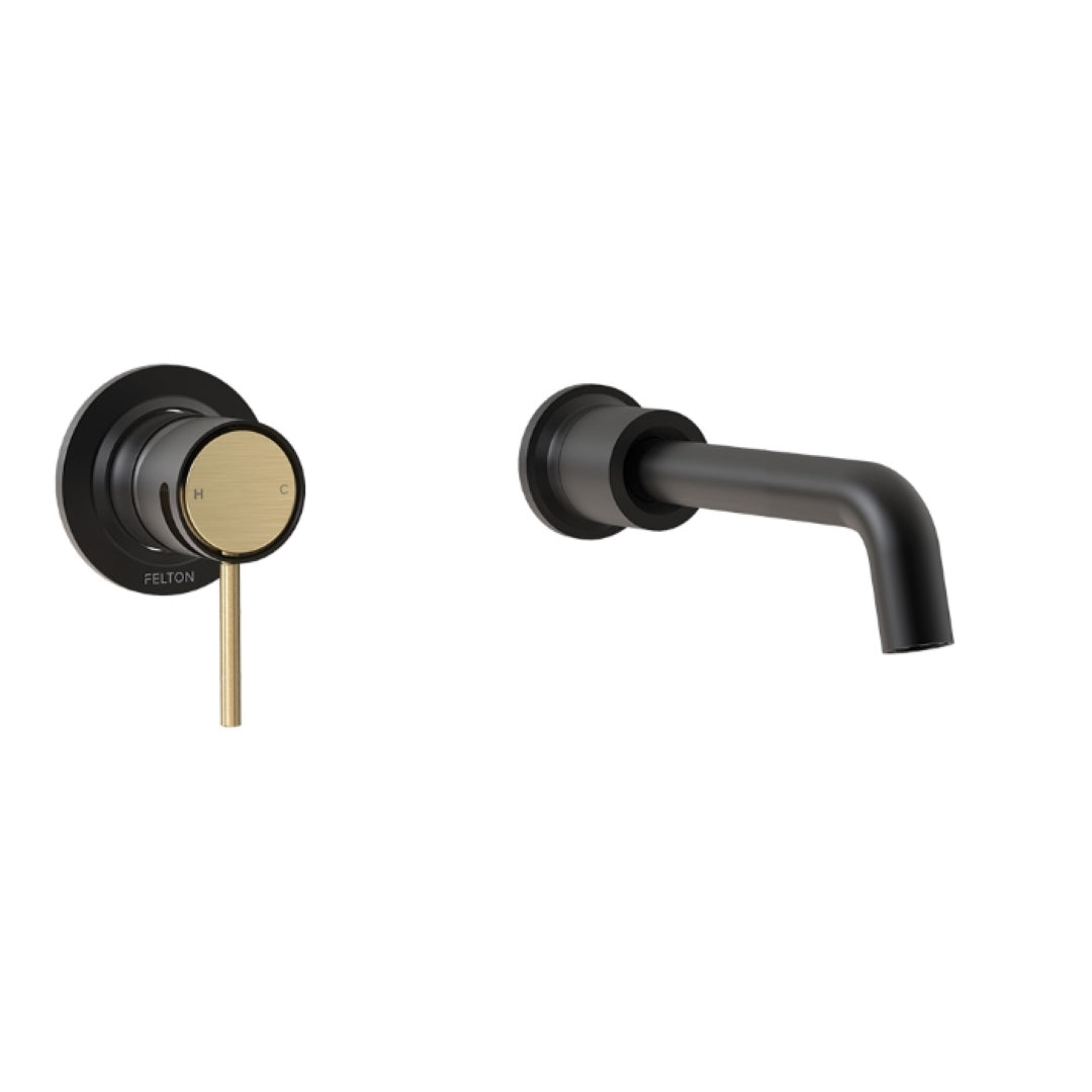 FELTON TATE WALL MOUNTED BASIN / BATH MIXER BLACK AND BRUSHED GOLD 180MM