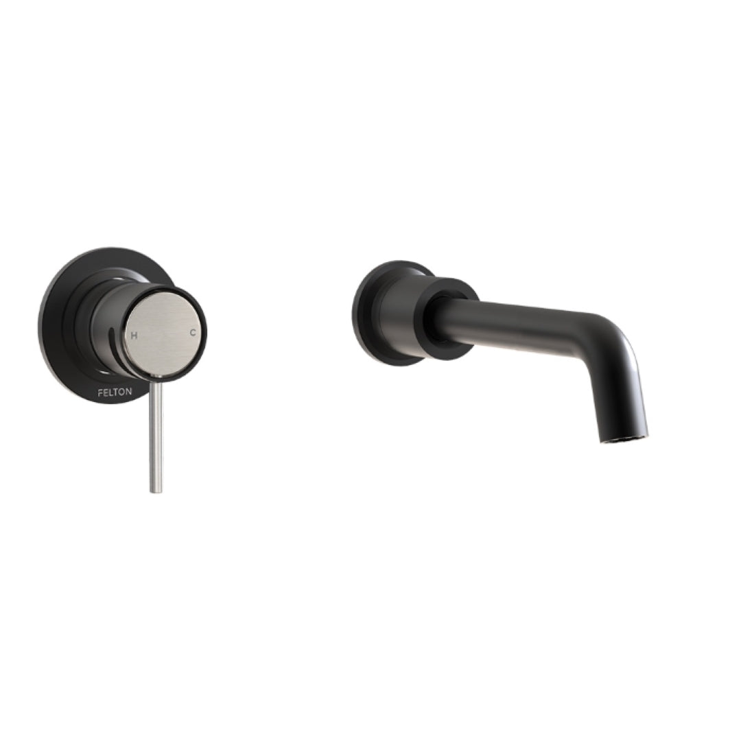 FELTON TATE WALL MOUNTED BASIN / BATH MIXER BLACK AND BRUSHED NICKEL 220MM