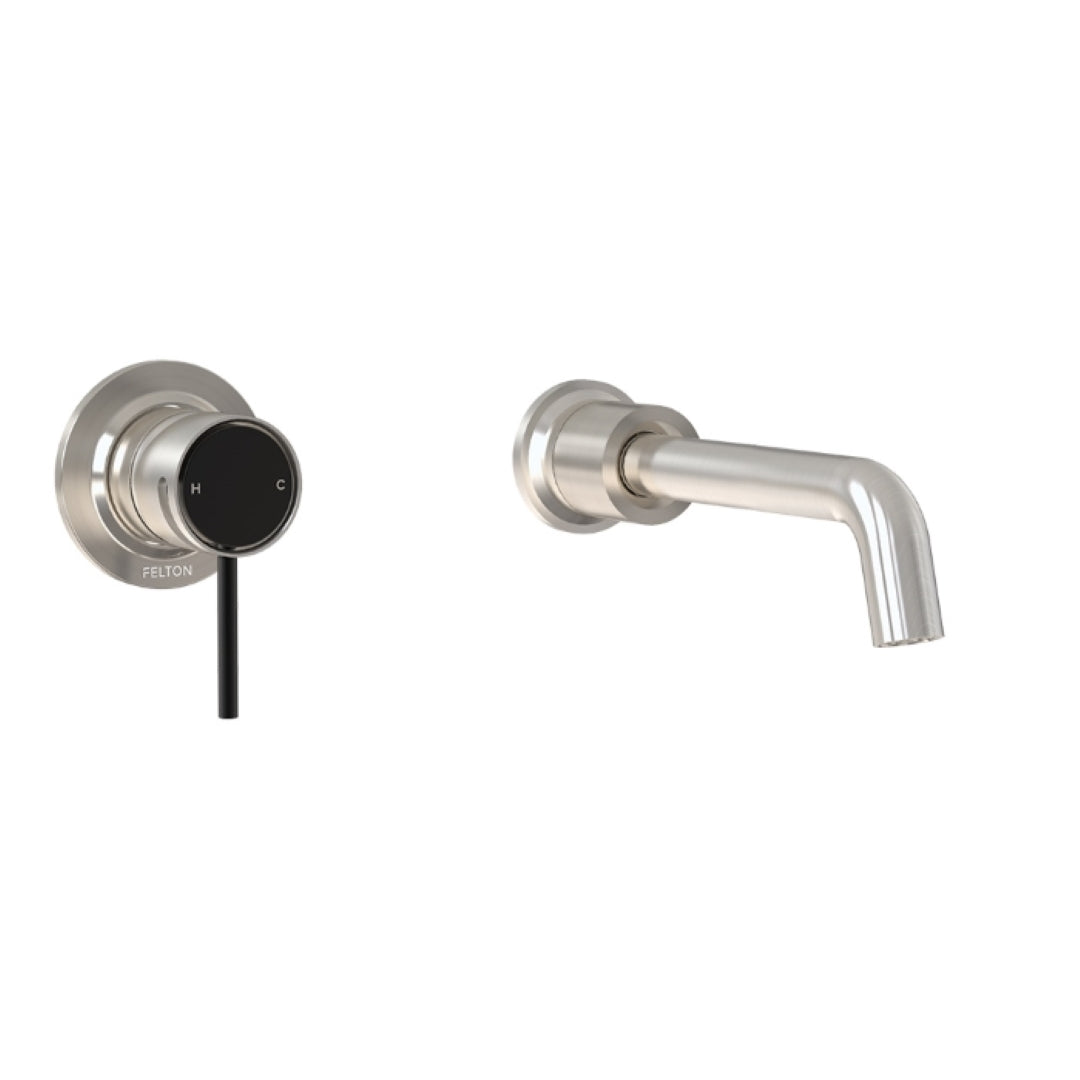 FELTON TATE WALL MOUNTED BASIN / BATH MIXER BRUSHED NICKEL AND BLACK 180MM