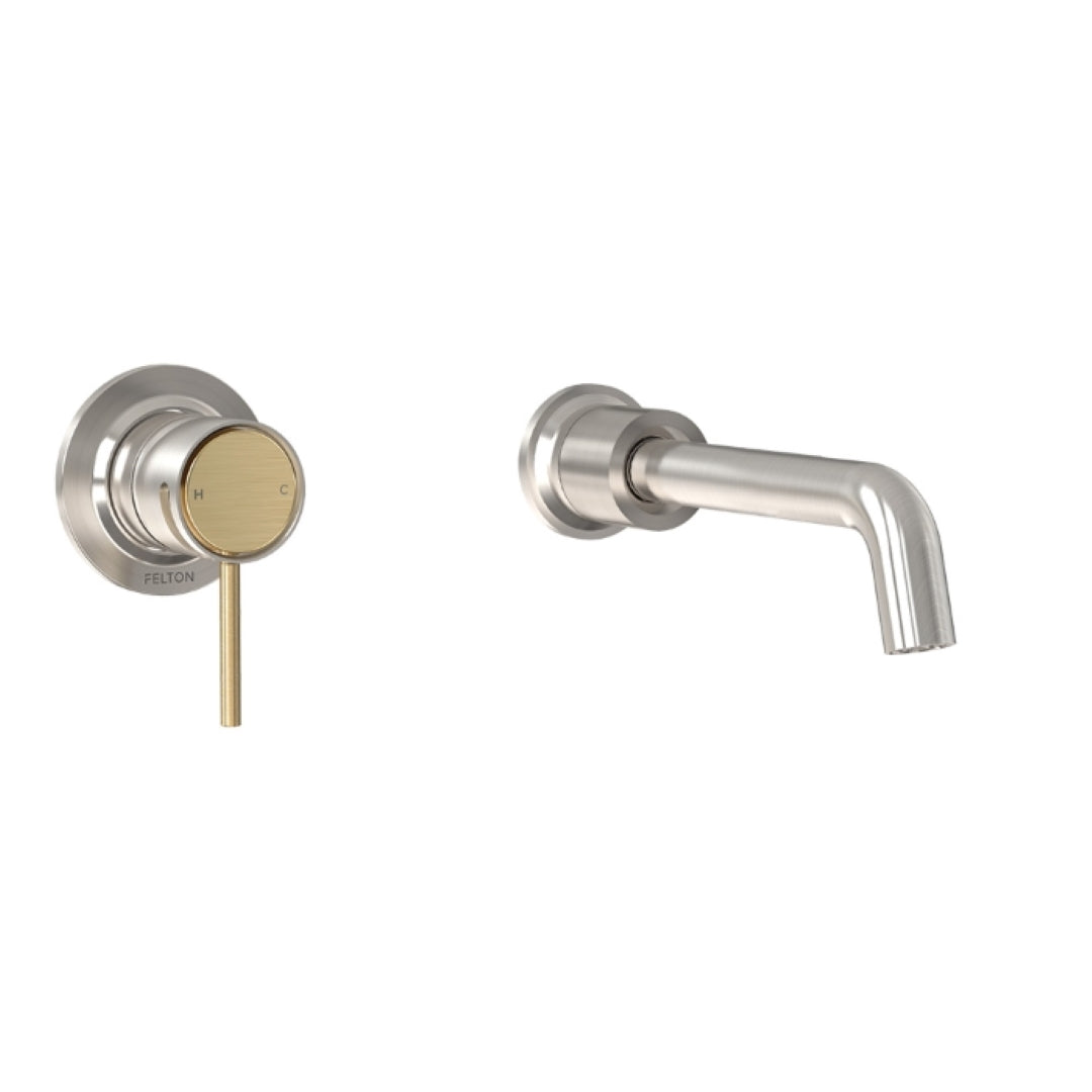 FELTON TATE WALL MOUNTED BASIN / BATH MIXER BRUSHED NICKEL AND BRUSHED GOLD 220MM