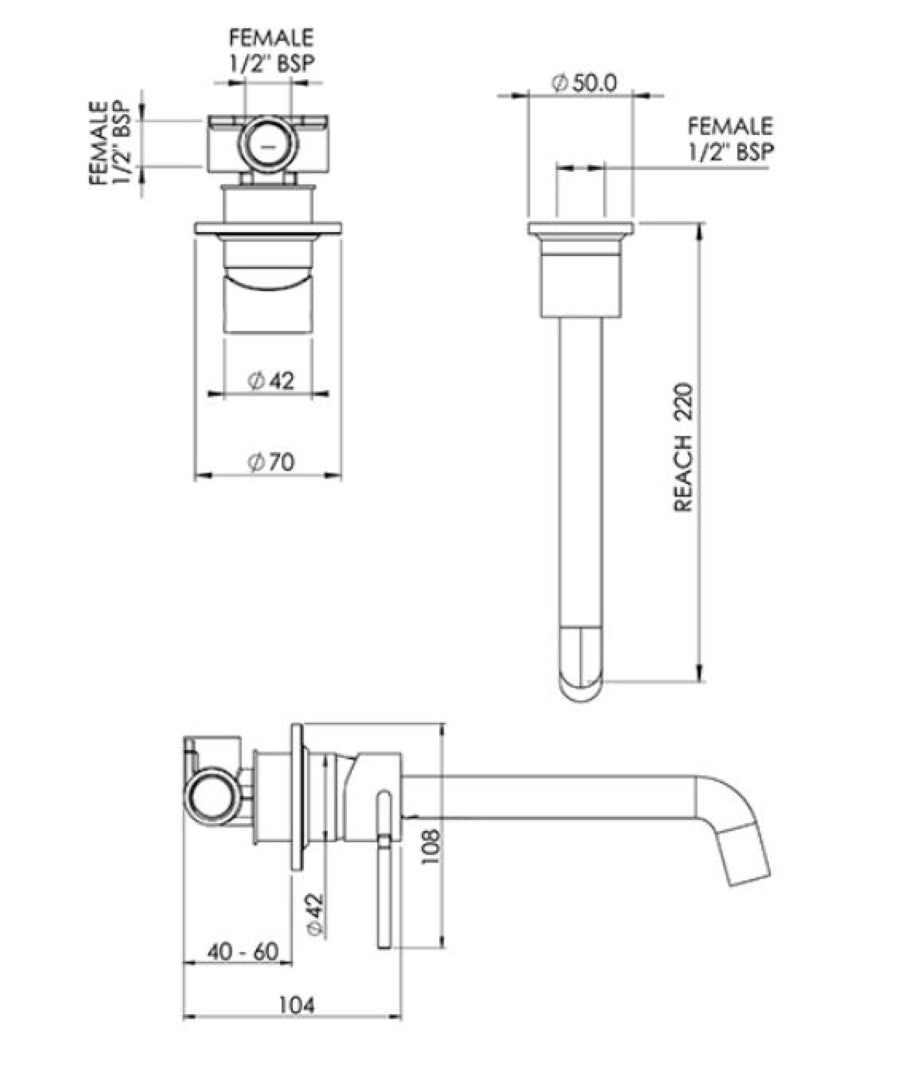 FELTON TATE WALL MOUNTED BASIN / BATH MIXER BRUSHED NICKEL AND BRUSHED GOLD 220MM