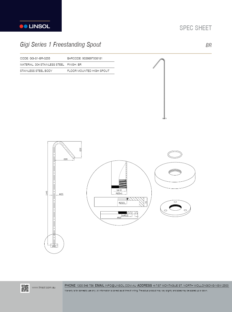 LINSOL GIGI SERIES 1 FREESTANDING SPOUT BRUSHED STAINLESS