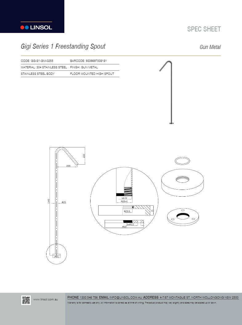 LINSOL GIGI SERIES 1 FREESTANDING SPOUT GUN METAL