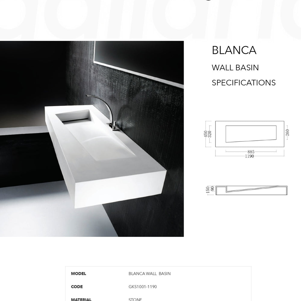 GALLARIA BLANCA RECTANGULAR WALL HUNG STONE BASIN WHITE 1190MM