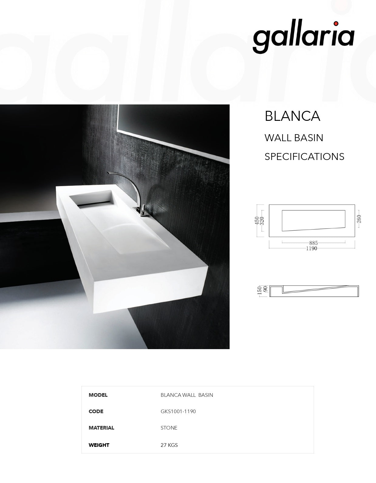 GALLARIA BLANCA RECTANGULAR WALL HUNG STONE BASIN WHITE 1190MM