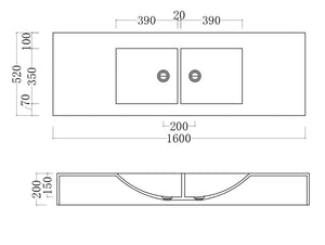 GALLARIA AMO RECTANGULAR WALL HUNG STONE BASIN WHITE 1600MM