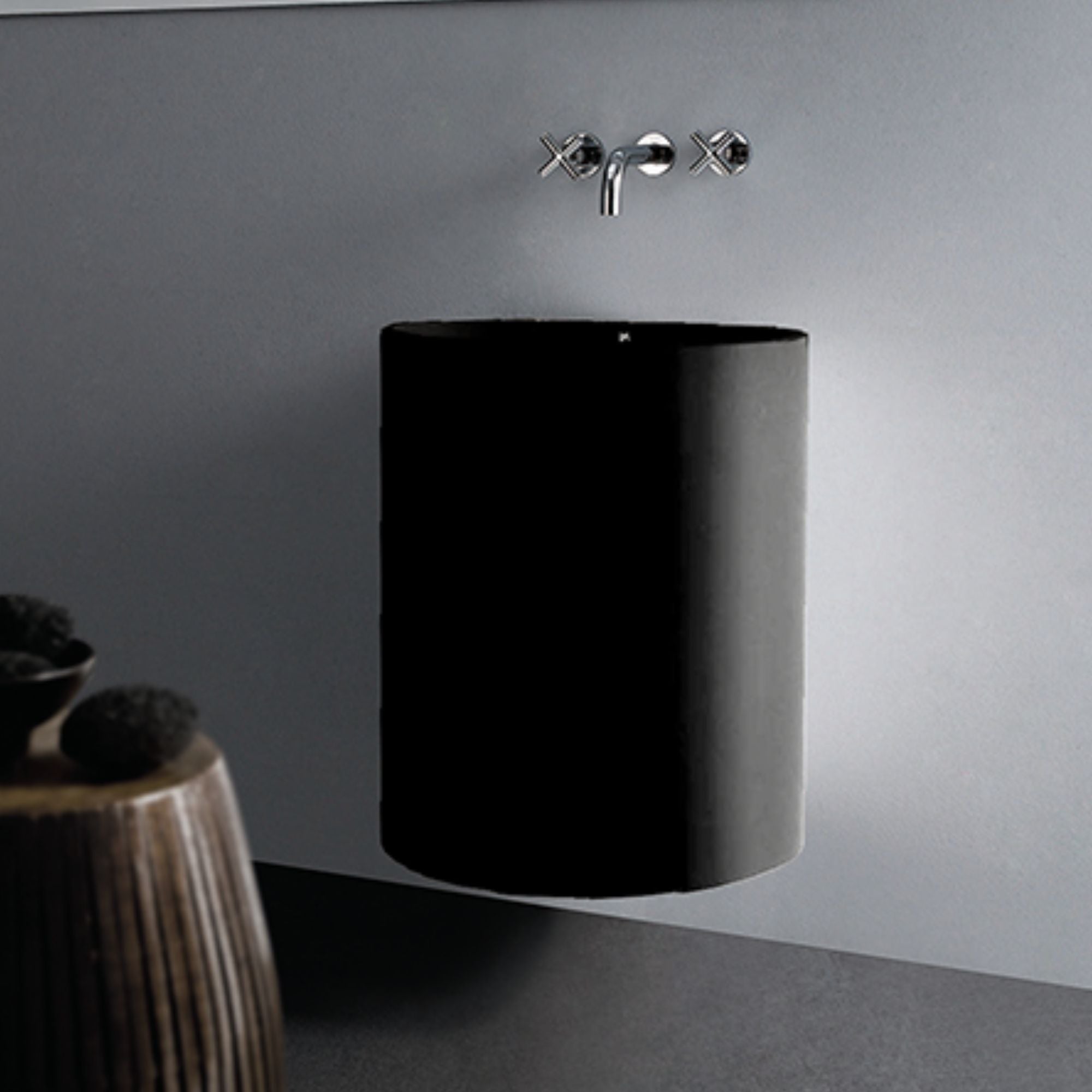 GALLARIA BOLA ROUND WALL HUNG STONE BASIN BLACK 400MM X 600MM