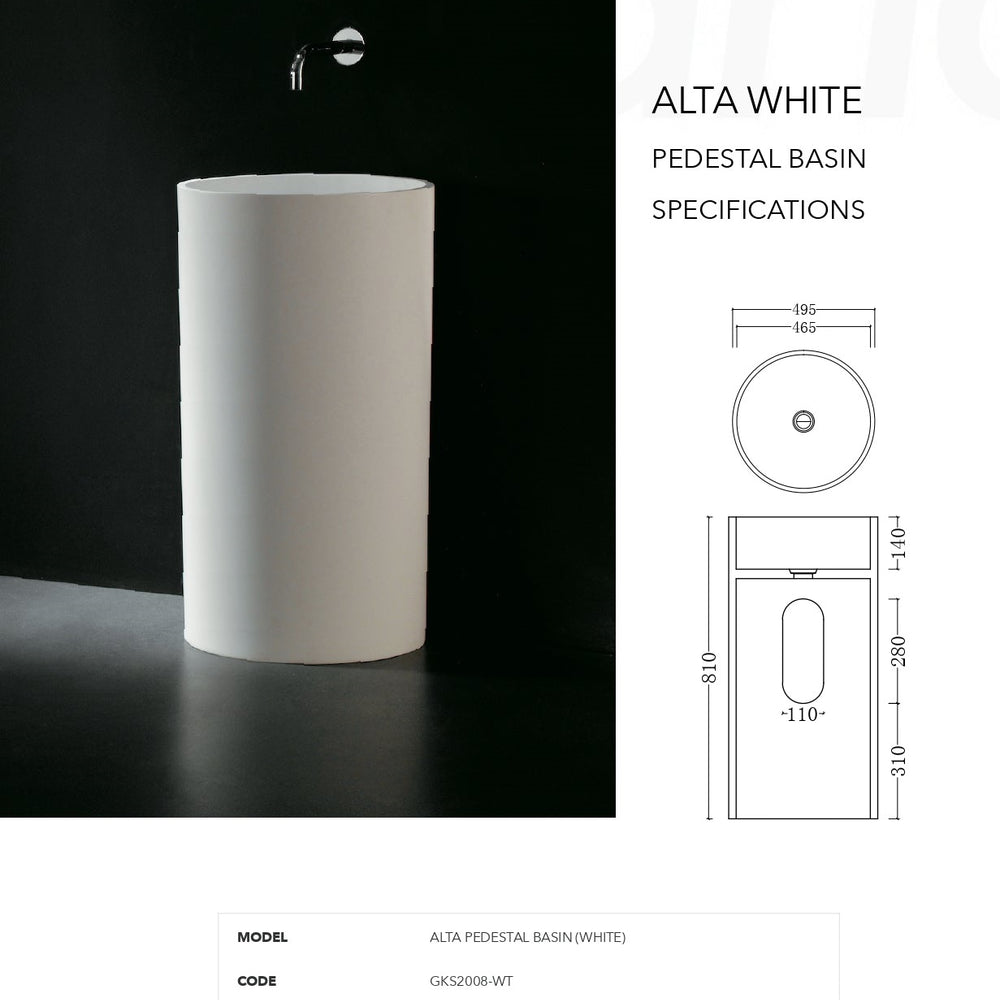 GALLARIA ALTA FREESTANDING PEDESTAL STONE BASIN WHITE 495MM X 810MM