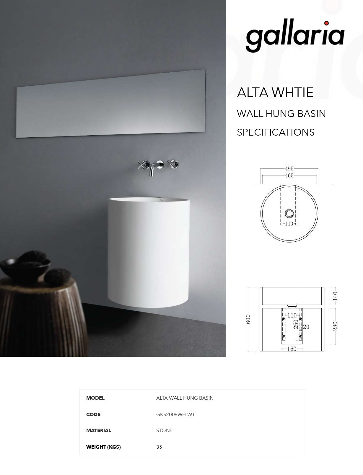 GALLARIA ALTA WALL HUNG STONE BASIN WHITE 495MM X 600MM