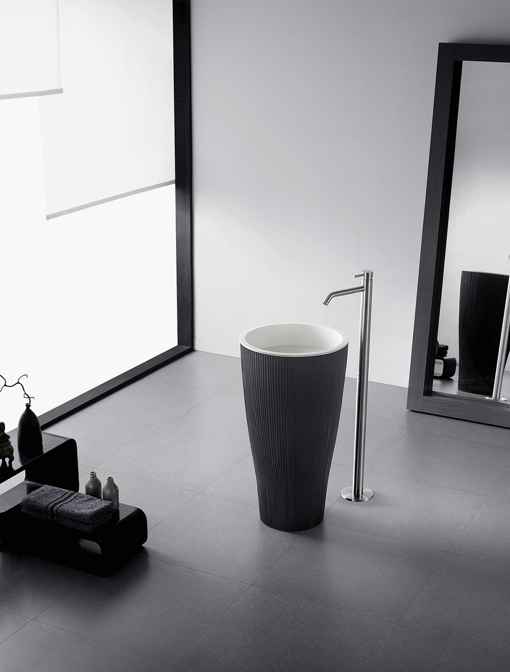 GALLARIA OVALO FREESTANDING PEDESTAL STONE BASIN BLACK & WHITE 450MM