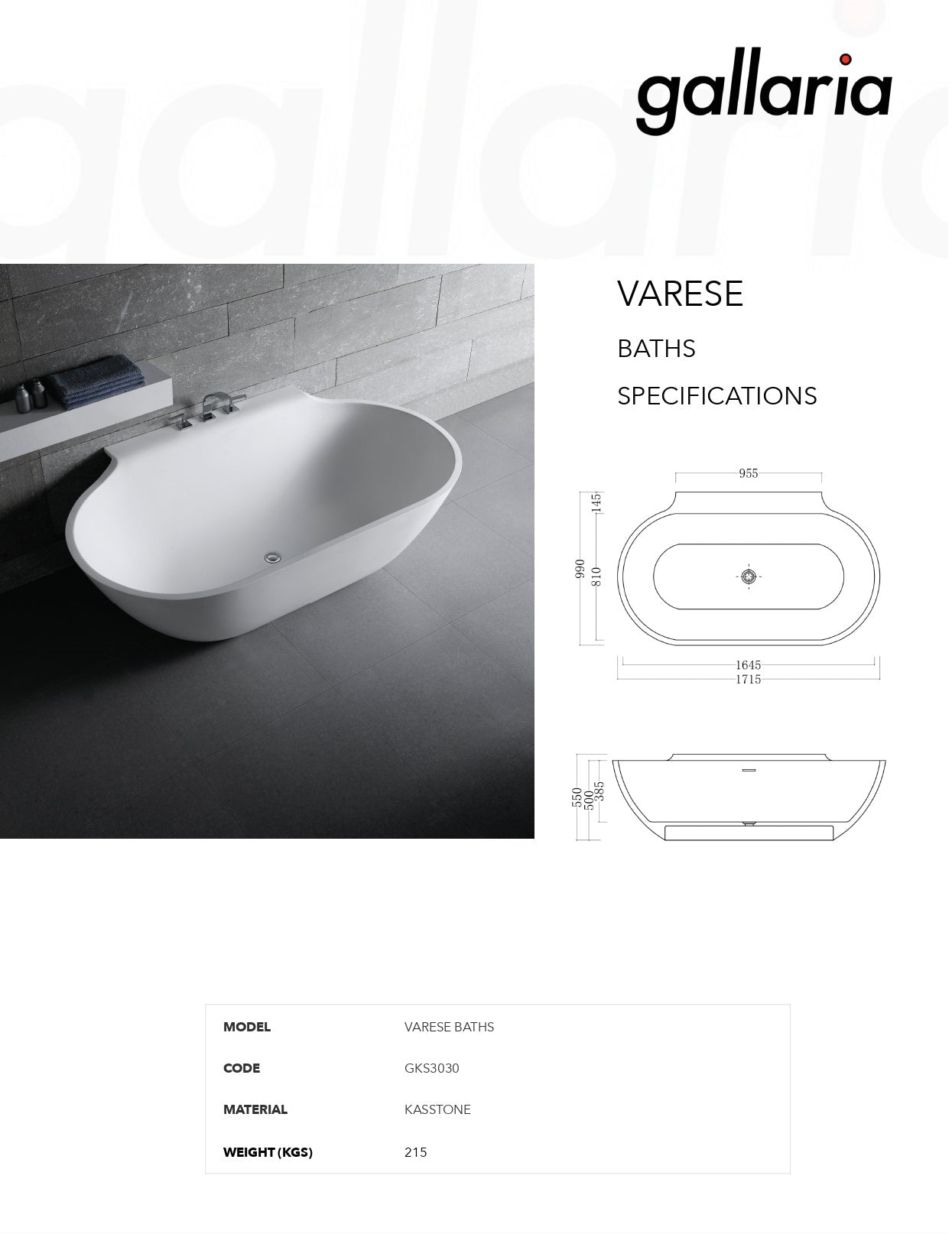 GALLARIA VARESE BACK TO WALL STONE BATHTUB WHITE 1700MM