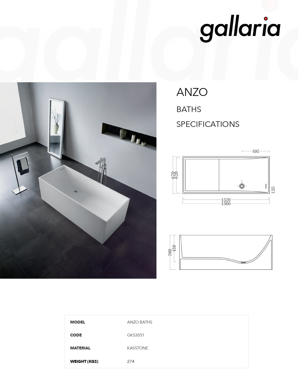 GALLARIA ANZO FREESTANDING STONE BATHTUB WHITE (AVAILABLE IN 1560MM AND 1700MM)