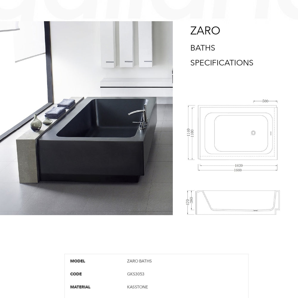 GALLARIA ZARO BACK TO WALL STONE BATHTUB BLACK (AVAILABLE IN 1660MM AND 2100MM)