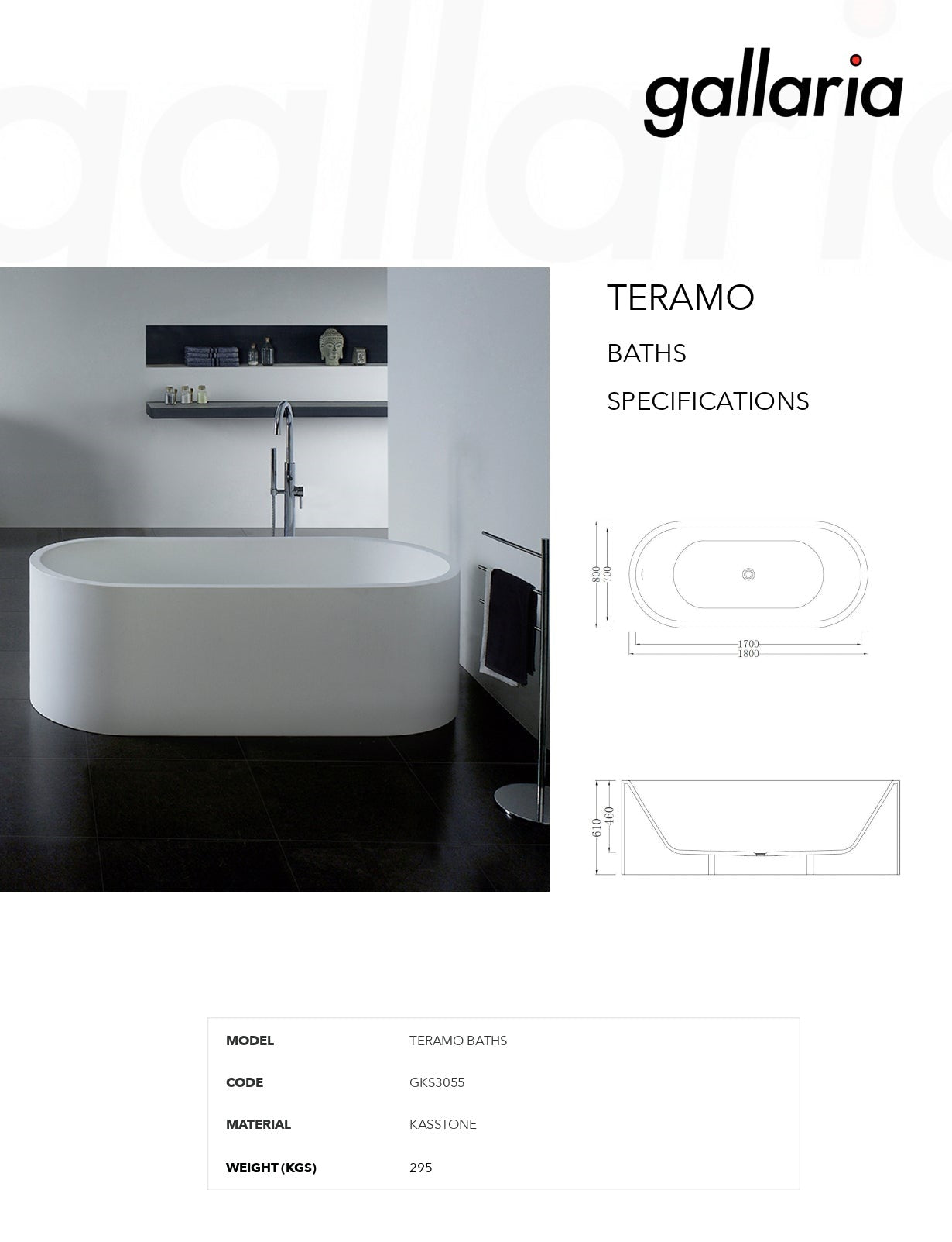 GALLARIA TERAMO FREESTANDING STONE BATHTUB WHITE 1800MM