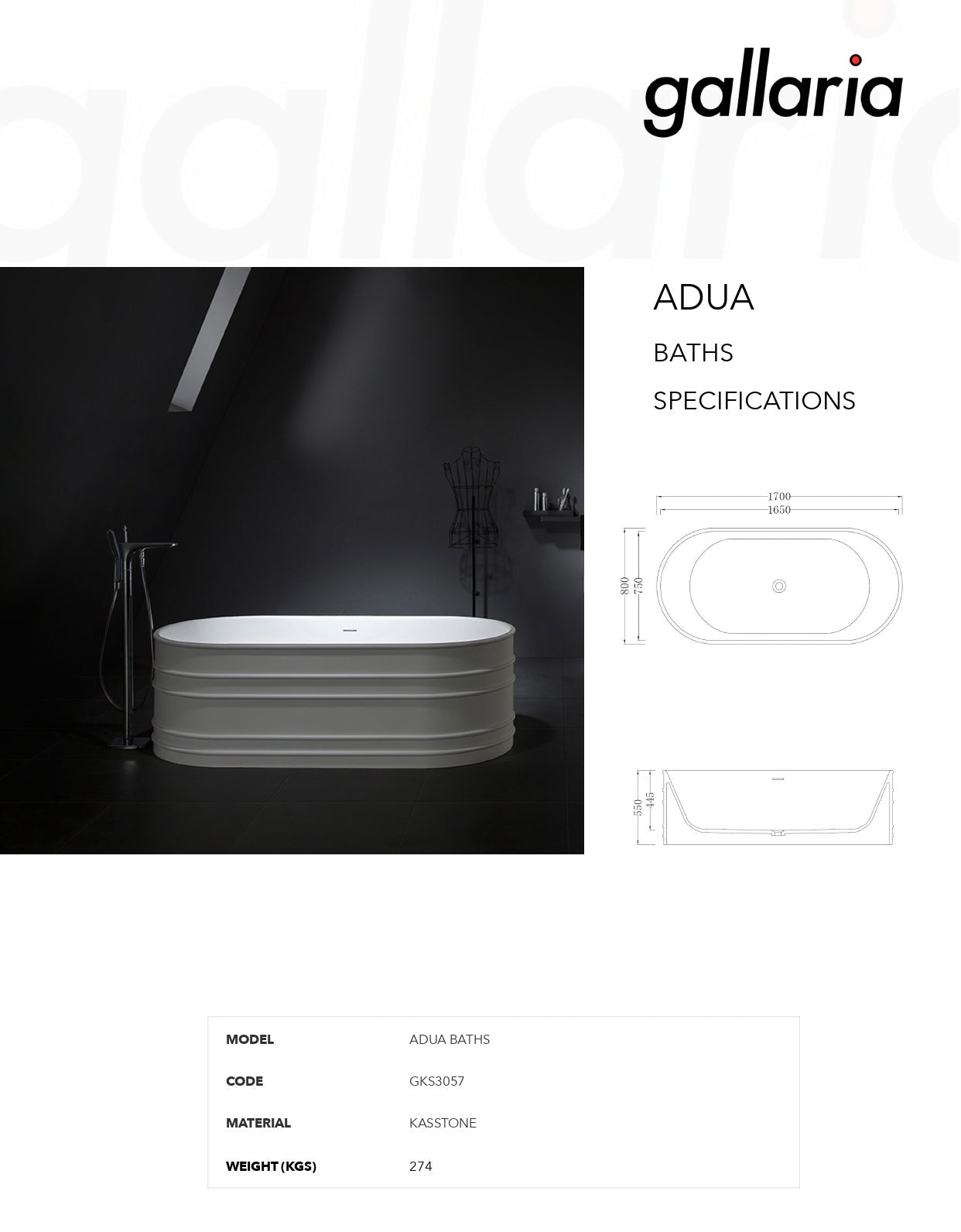 GALLARIA ADUA FREESTANDING STONE BATHTUB WHITE 1700MM