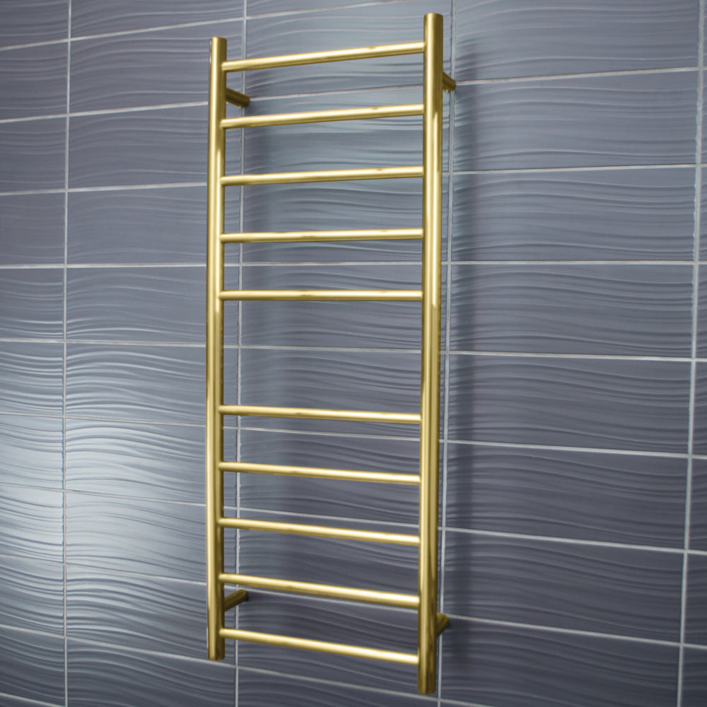 RADIANT HEATING 10-BARS ROUND HEATED TOWEL RAIL BRUSHED GOLD 80WATTS 430MM