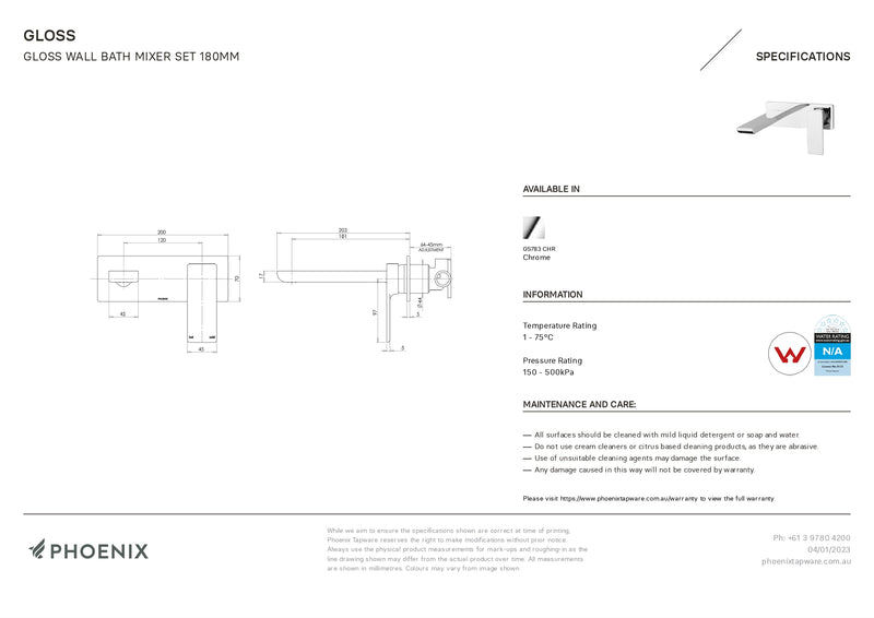PHOENIX GLOSS WALL BATH MIXER SET 180MM CHROME